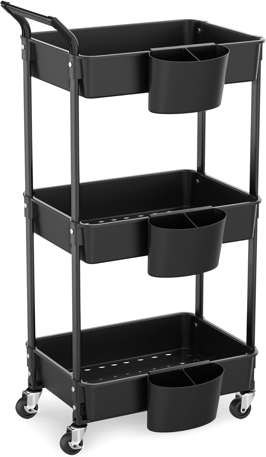 HBTower 3 Tier Rolling Cart with Handle, Kitchen Utility Cart Storage Organizer with Wheels, Lockable Casters Heavy Duty Shelves for Office, Bathroom Black