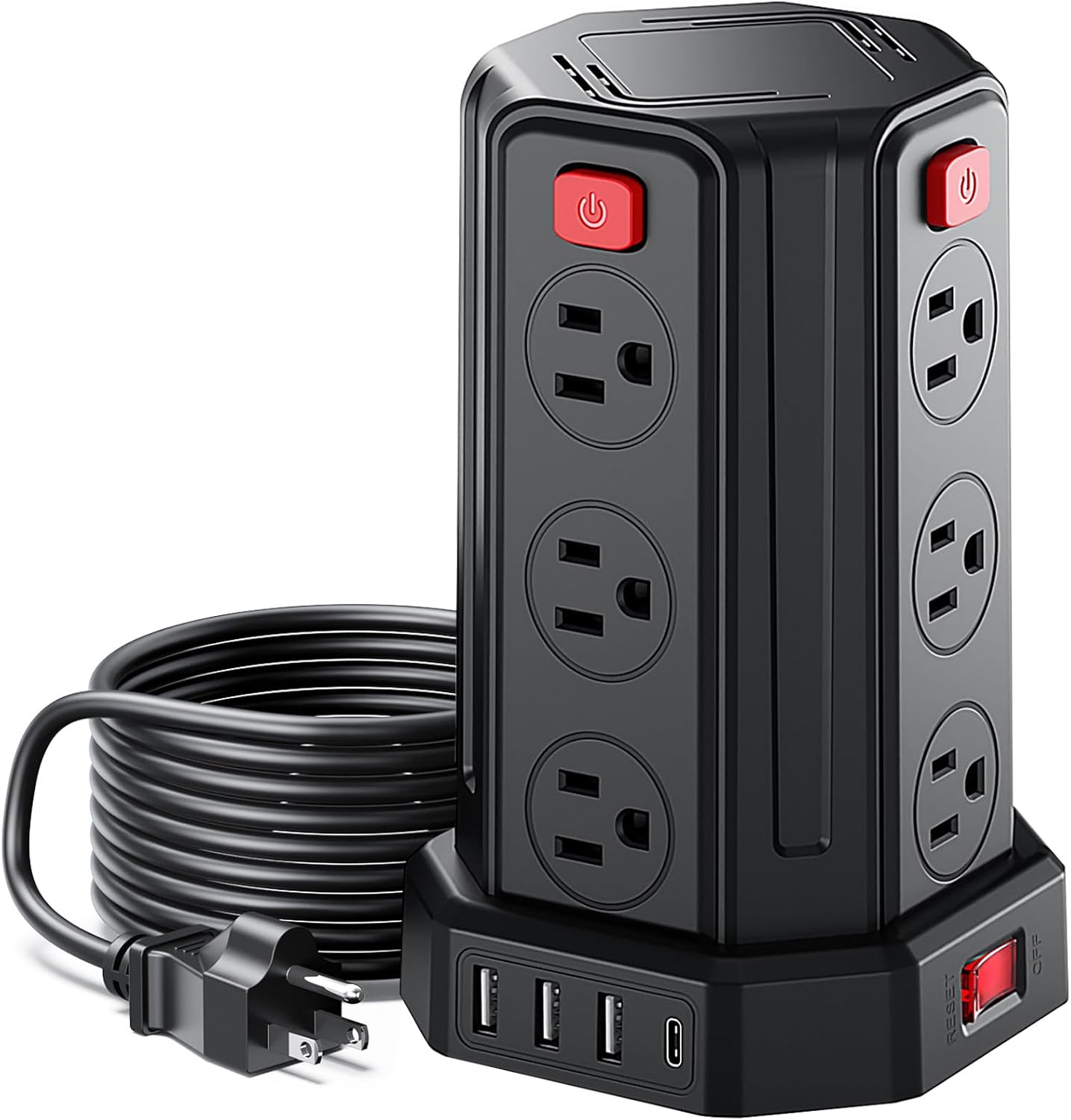 SMALLRT Power Strip Surge Protector, 6.5 Ft Extension Cord with 12 AC Multiple Outlets 4 USB (1 USB C), Power Tower Desktop Charging Station (Black)