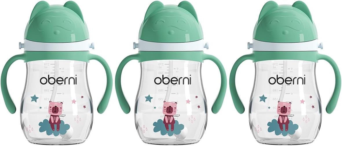 Oberni Tritan Sippy Cup, 270ml/9oz Baby Water Drinking Bottle with Removable Handle and Strap, Leak-Proof Training Cup for 12M+/1 Years+ Toddlers, Green/Pack of 3