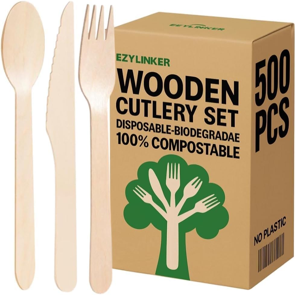(500 Count) Disposable Wooden Cutlery Set - Alternative to Plastic, Eco Friendly, Biodegradable, Compostable Cutlery Set - 250 Wood Spoons, 150 Wooden Forks, 100 Wooden Knives Disposable Utensils Set
