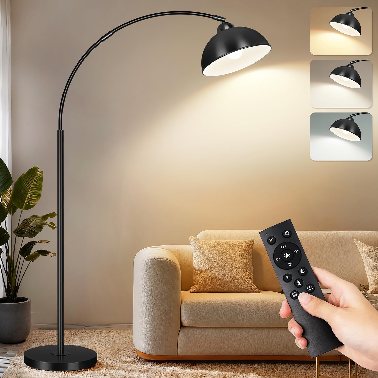 Arc Floor Lamps for Living Room, Modern 82" Tall Standing Lamp Remote Control,Stepless Dimmable Black Floor Lamp with Hanging Metal Shade, Over Couch Arched Reading Light for Bedroom, Office (Black)