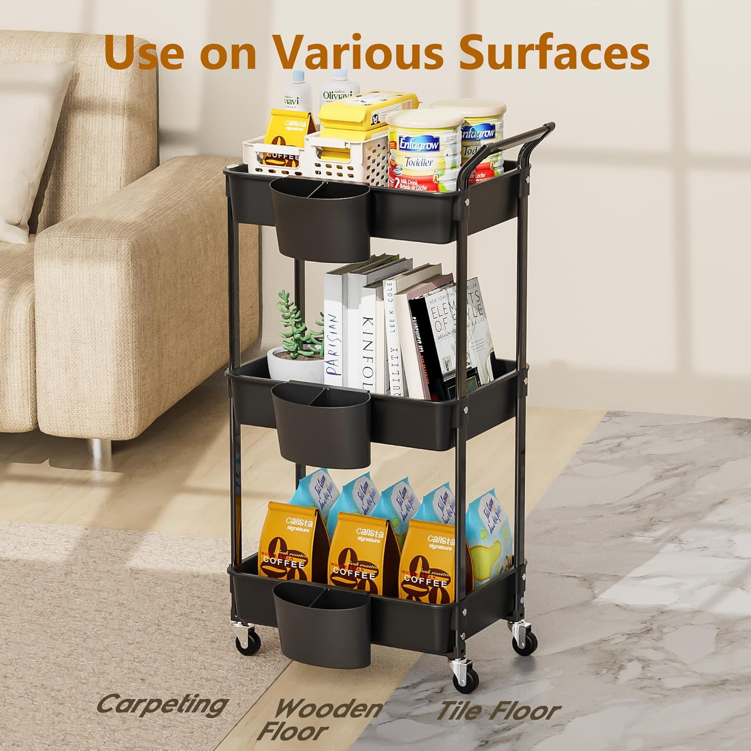 HBTower 3 Tier Rolling Cart with Handle, Kitchen Utility Cart Storage Organizer with Wheels, Lockable Casters Heavy Duty Shelves for Office, Bathroom Black alternate view