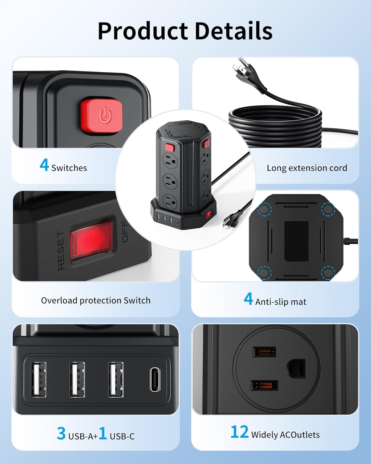 SMALLRT Power Strip Surge Protector, 6.5 Ft Extension Cord with 12 AC Multiple Outlets 4 USB (1 USB C), Power Tower Desktop Charging Station (Black) alternate view