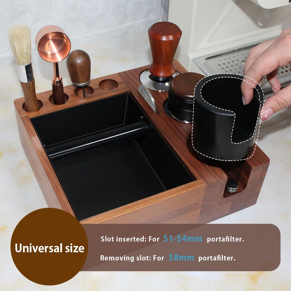 Espresso Tamping Station Knock Box,Walnut Tamper Station,Espresso Station fit for Storage 51-58mm Tamper,Distributor,Portafilter,Puck Screen Accessories,9 in 1 Espresso Knock Box and Tamper Station alternate view