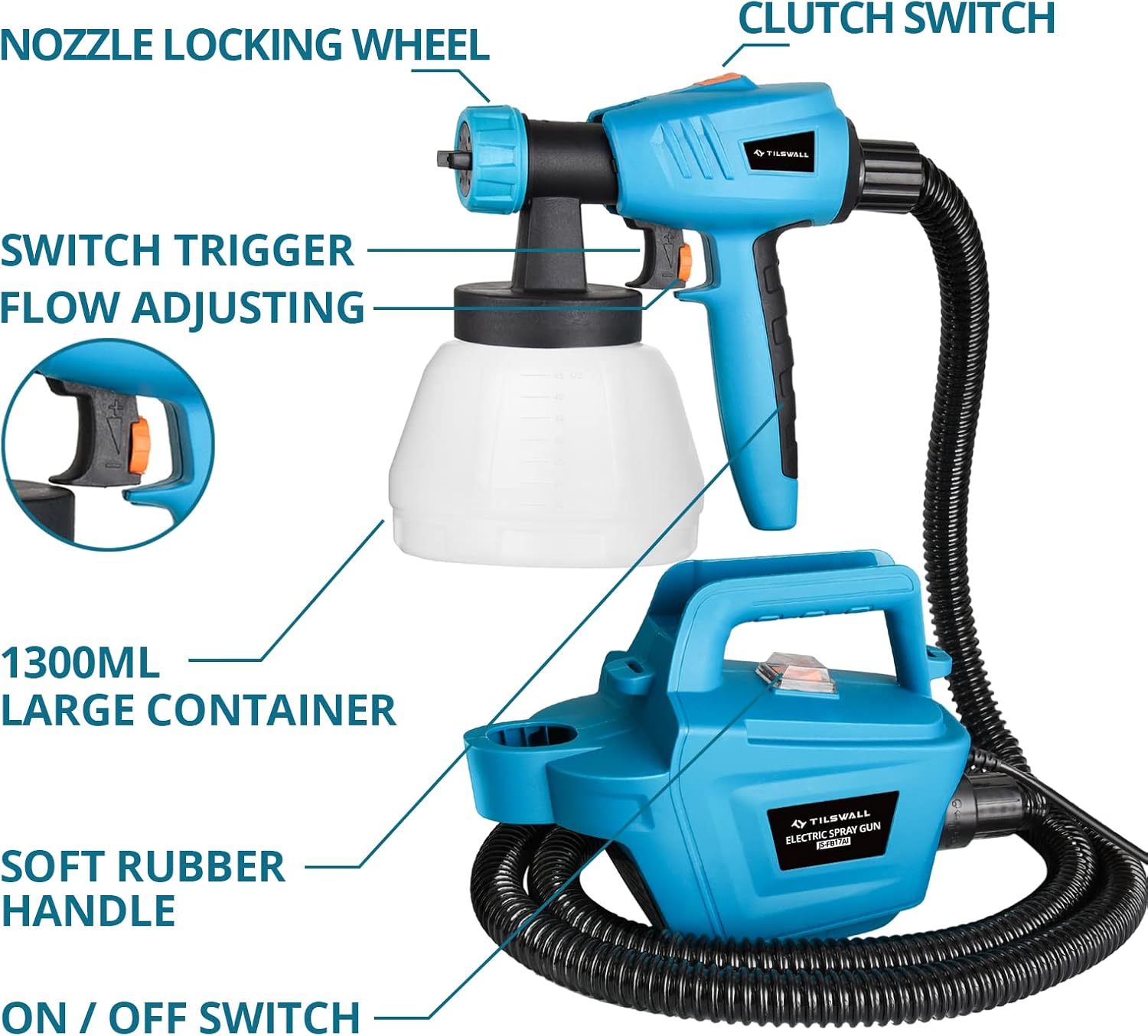 Tilswall Paint Sprayer,800W HVLP Spray Gun,Electric Paint Spray Gun with Removable 1300ml Container,3 Nozzles&3 Patterns,Easy Cleaning Spray Gun for Painting,Fence,Walls,Furniture alternate view