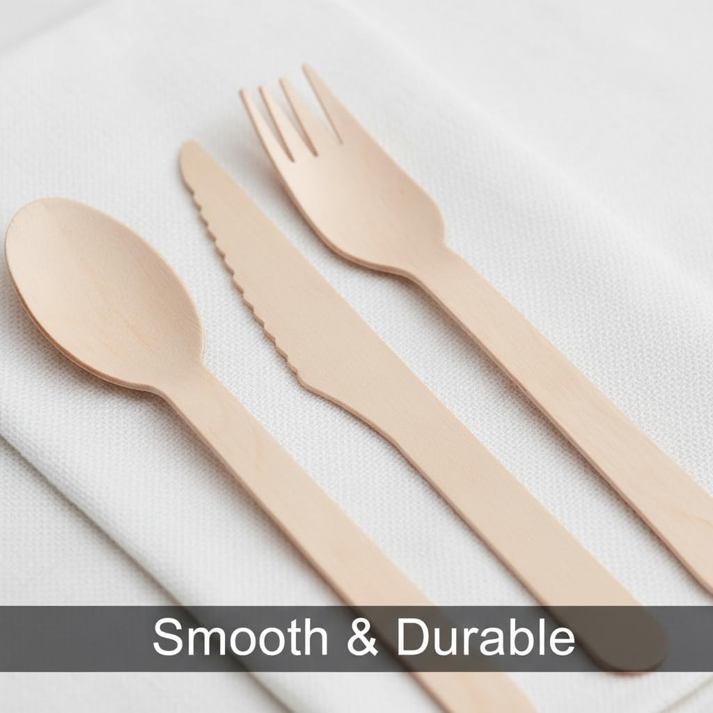 (500 Count) Disposable Wooden Cutlery Set - Alternative to Plastic, Eco Friendly, Biodegradable, Compostable Cutlery Set - 250 Wood Spoons, 150 Wooden Forks, 100 Wooden Knives Disposable Utensils Set alternate view