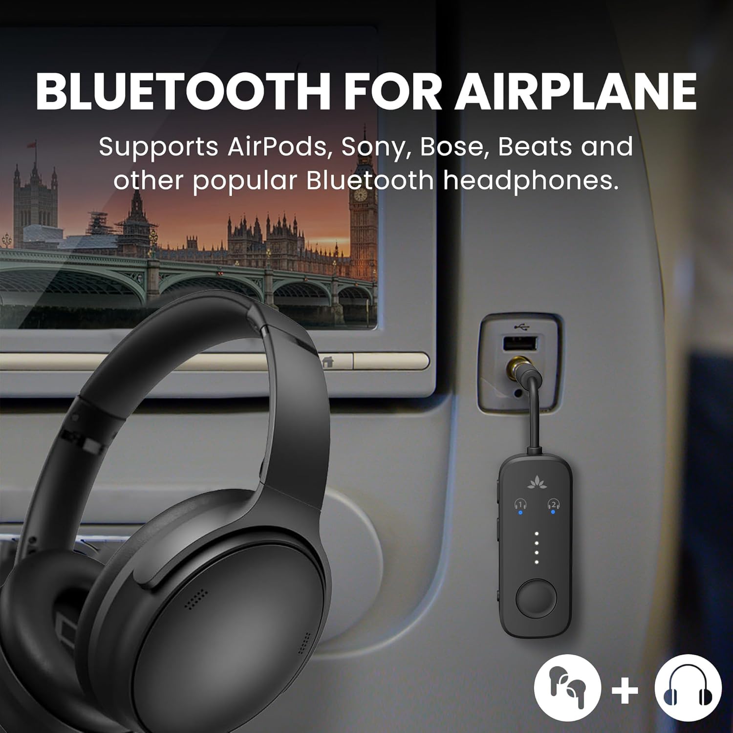 Avantree Relay - Premium Airplane Bluetooth 5.3 Adapter for All Headphones, apt-X Low Latency, Supports 2 Headphones alternate view