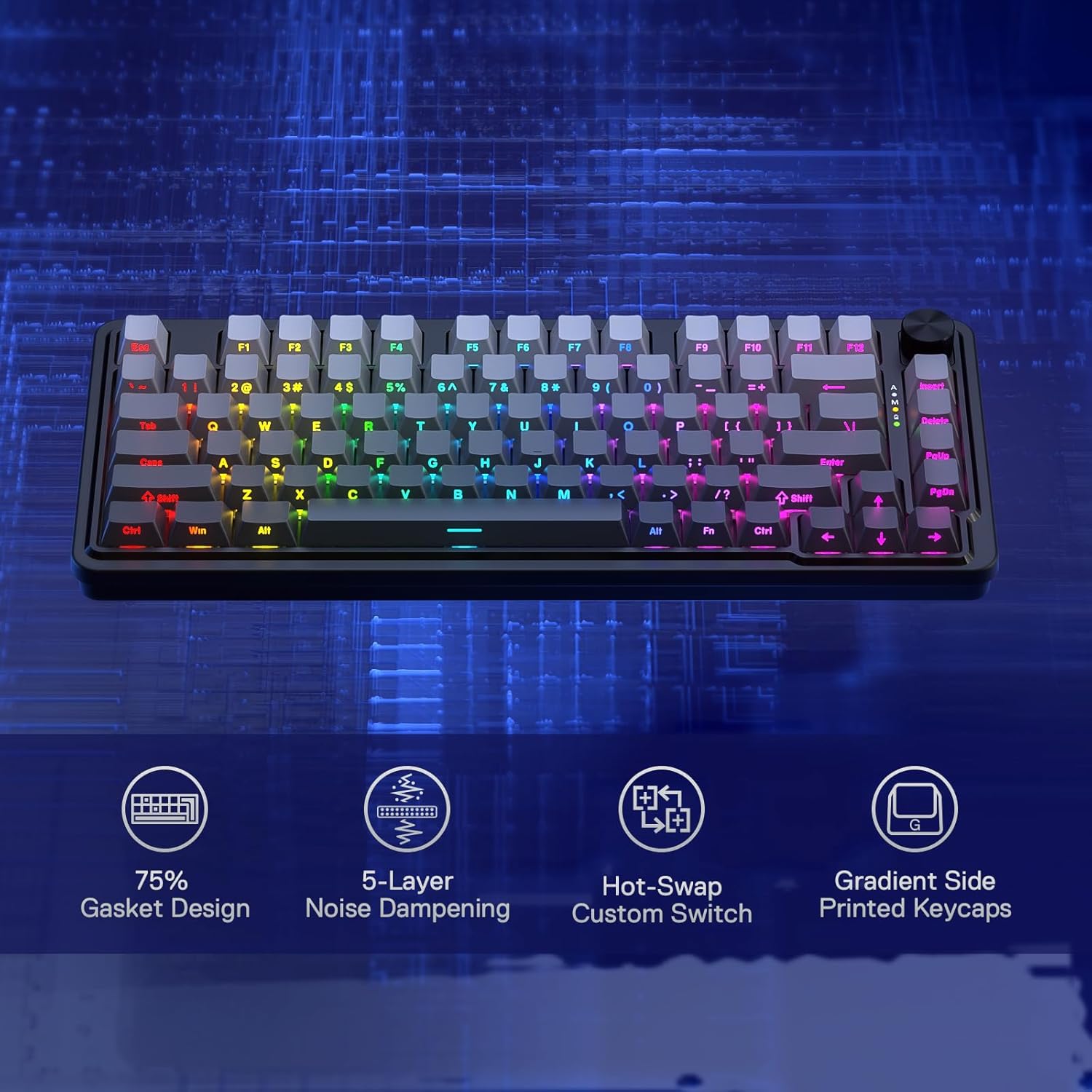 Redragon K673 GB 75% Wireless Gasket RGB Gaming Keyboard, 3-Modes 81 Keys PBT Compact Mechanical Keyboard w/Hot-Swap Socket, Dedicated Knob Control & 5-Layer Noise Dampening, Custom Linear Switch alternate view
