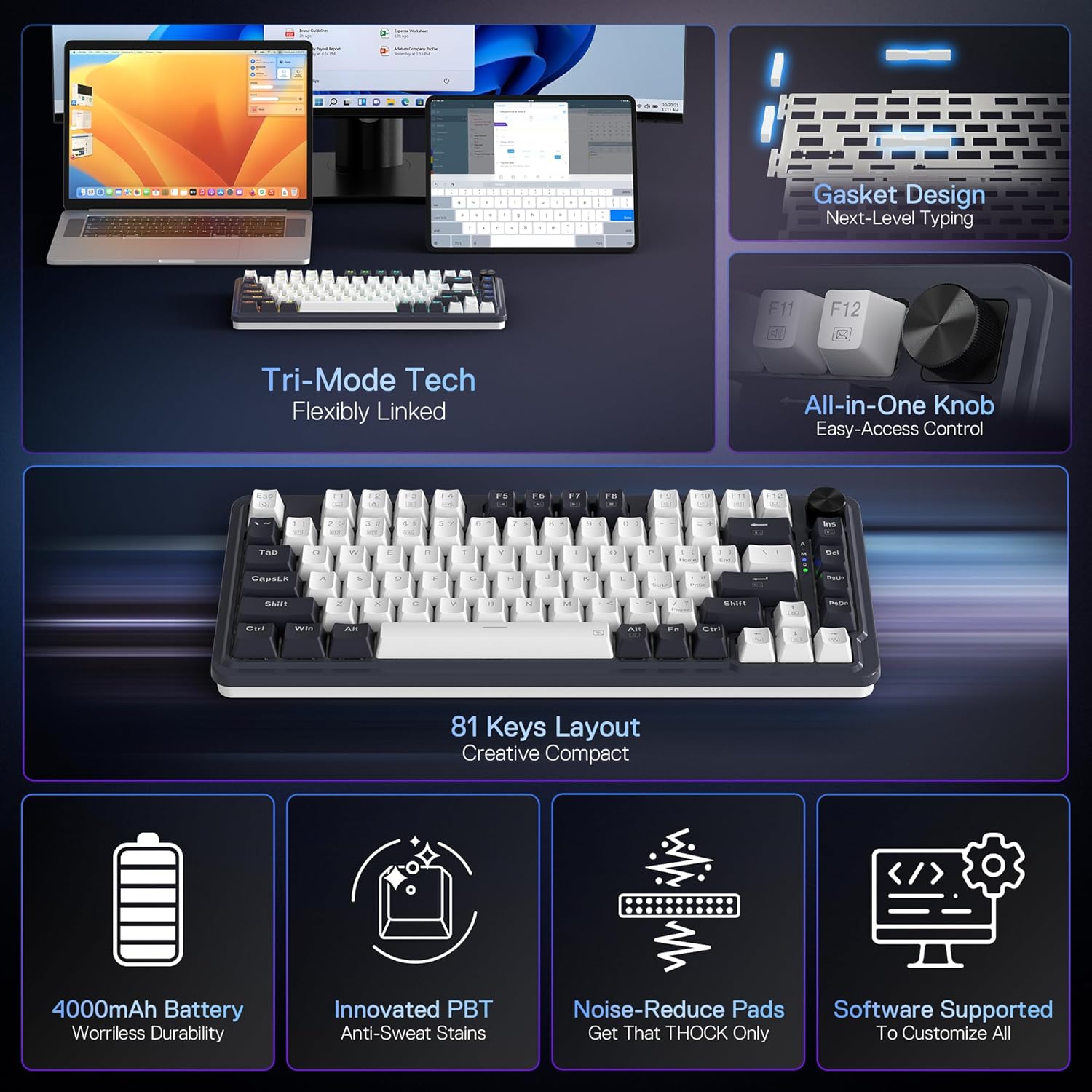 Redragon K673 PRO 75% Wireless Gasket RGB Gaming Keyboard, 3-Modes 81 Keys Compact Mechanical Keyboard w/Hot-Swap Socket, Dedicated Knob Control & Sound Absorbing Pads, Linear Red Switch alternate view