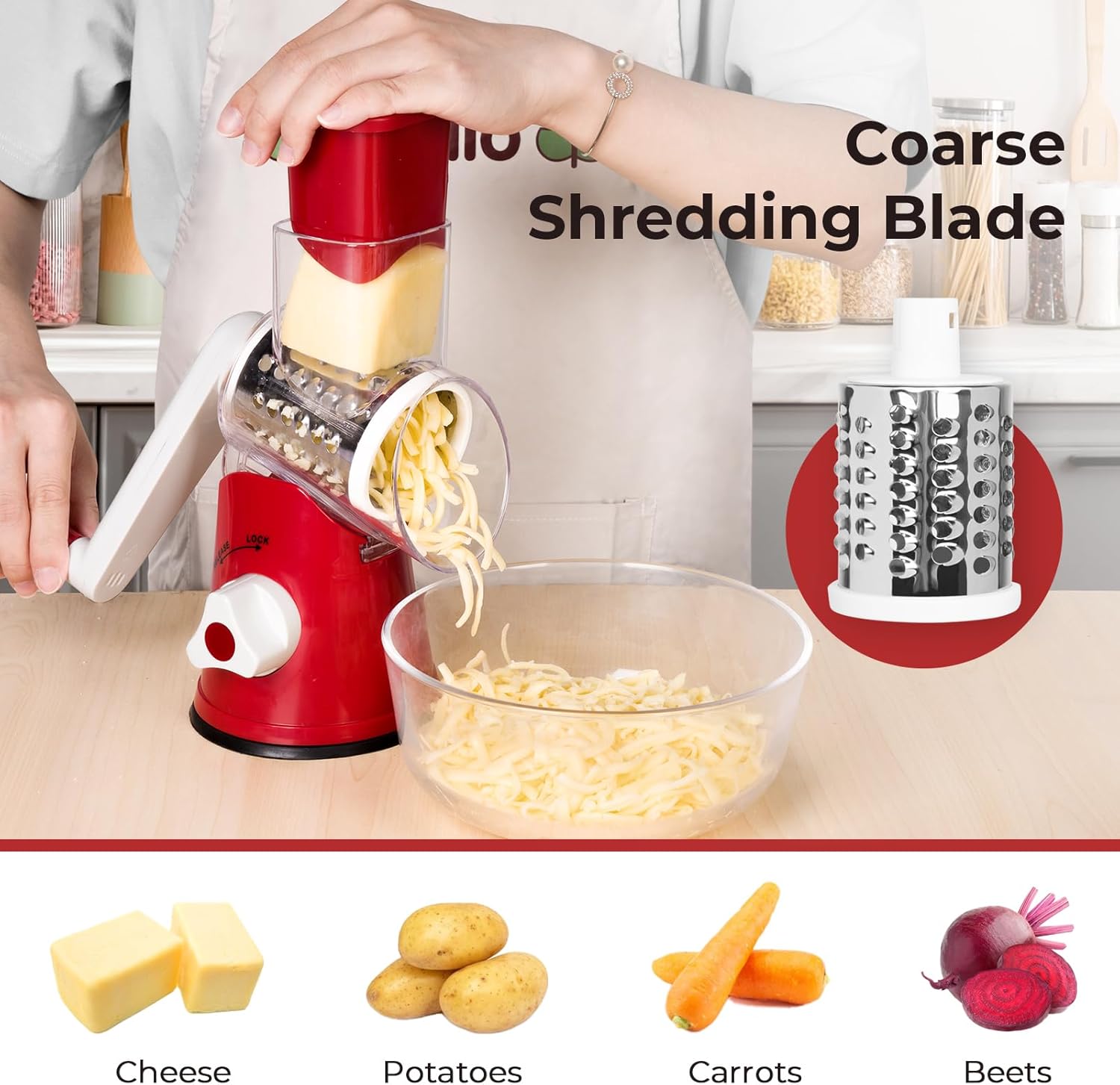 X Home Rotary Cheese Grater for Kitchen, 3 Blades with Ergonomic Handle and Strong Suction Base, Great for Nuts, Vegetables, Fruits, Simple to Use, Red alternate view