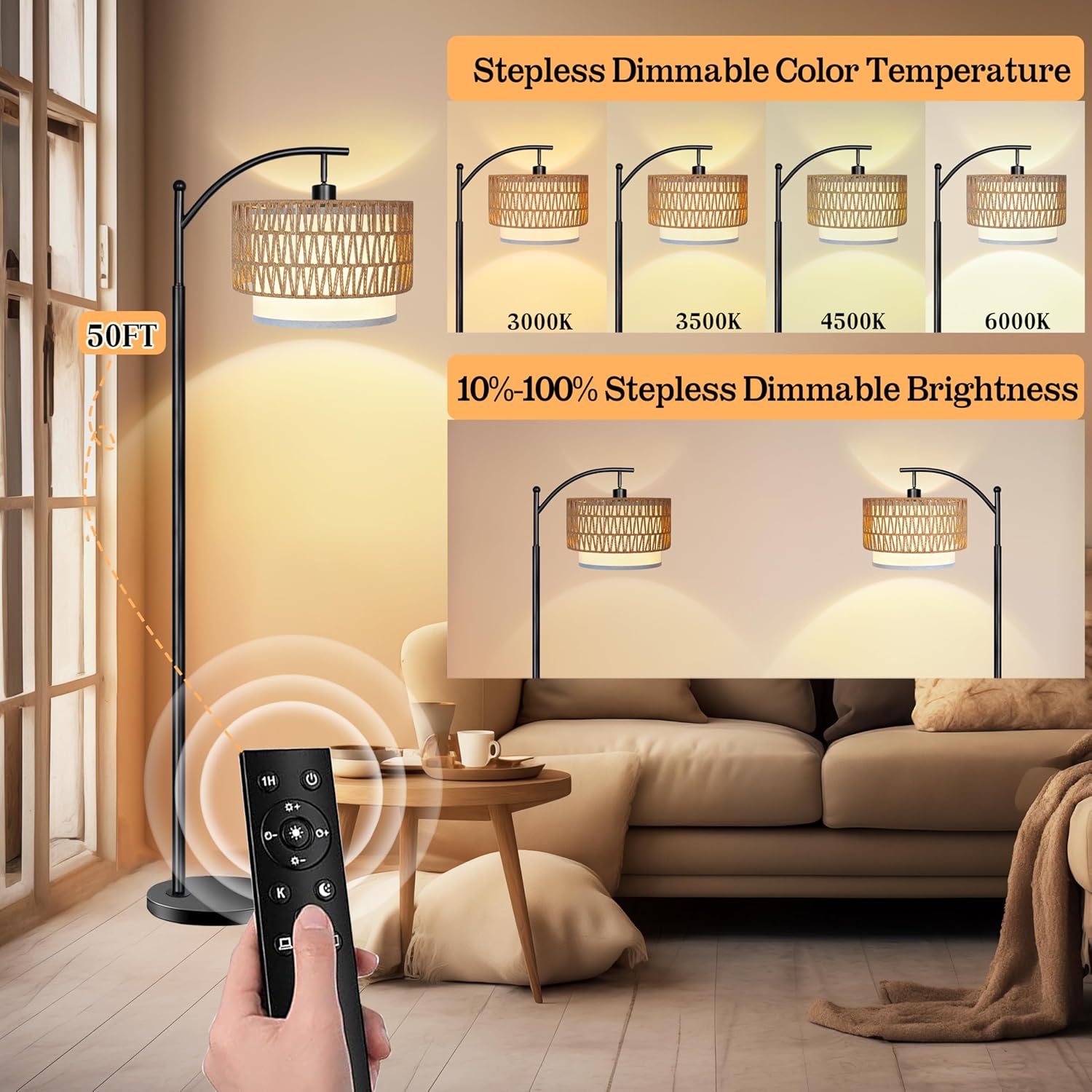 Floor Lamp for Living Room, Rattan Floor Lamps with Remote & Dimmable, Color Temperatures, Boho Standing Lamp with Rattan & Fabric Shades, Adjustable Tall Lamp for Bedroom, Black alternate view